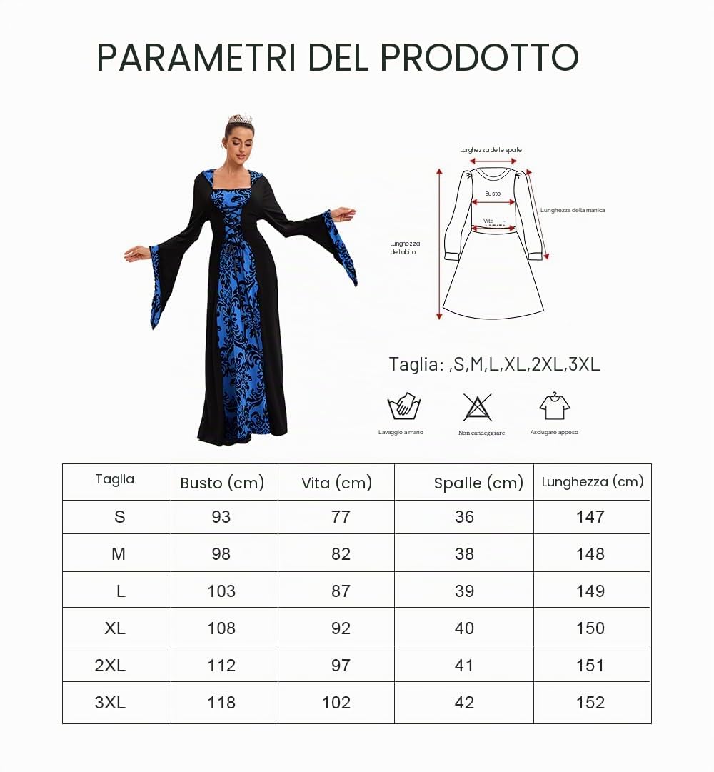 Feynman Abito da Donna in Stile Medievale con Maniche a Tromba, Vestito Lungo in Stile Rinascimentale, rétro, Adatto per Carnevale, Halloween, Feste e Come Costume da Principessa