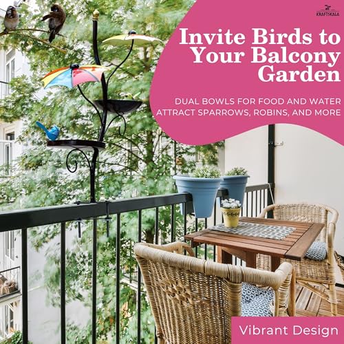 Image of Kraftskala Balcony Bird Feeder with Water Bowl & Umbrella Shade - Clamp-On Mount Bird Feeding Station for Railing - Outdoor Bird Bath & Feeder for Sparrows, Small Birds, Garden Decor