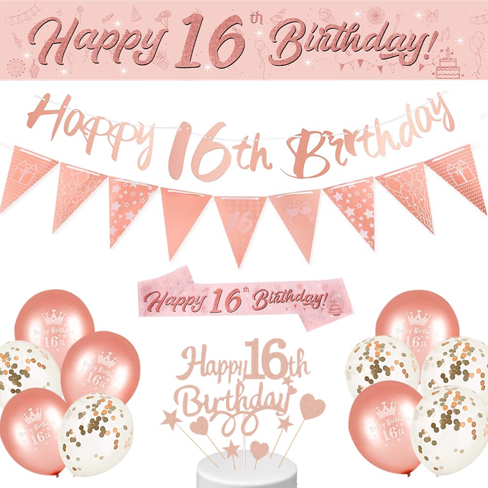 Deko-Set Zum 16. Geburtstag Für Mädchen – In Rotgold Mit Krone, Schärpe, Banner & Ballons