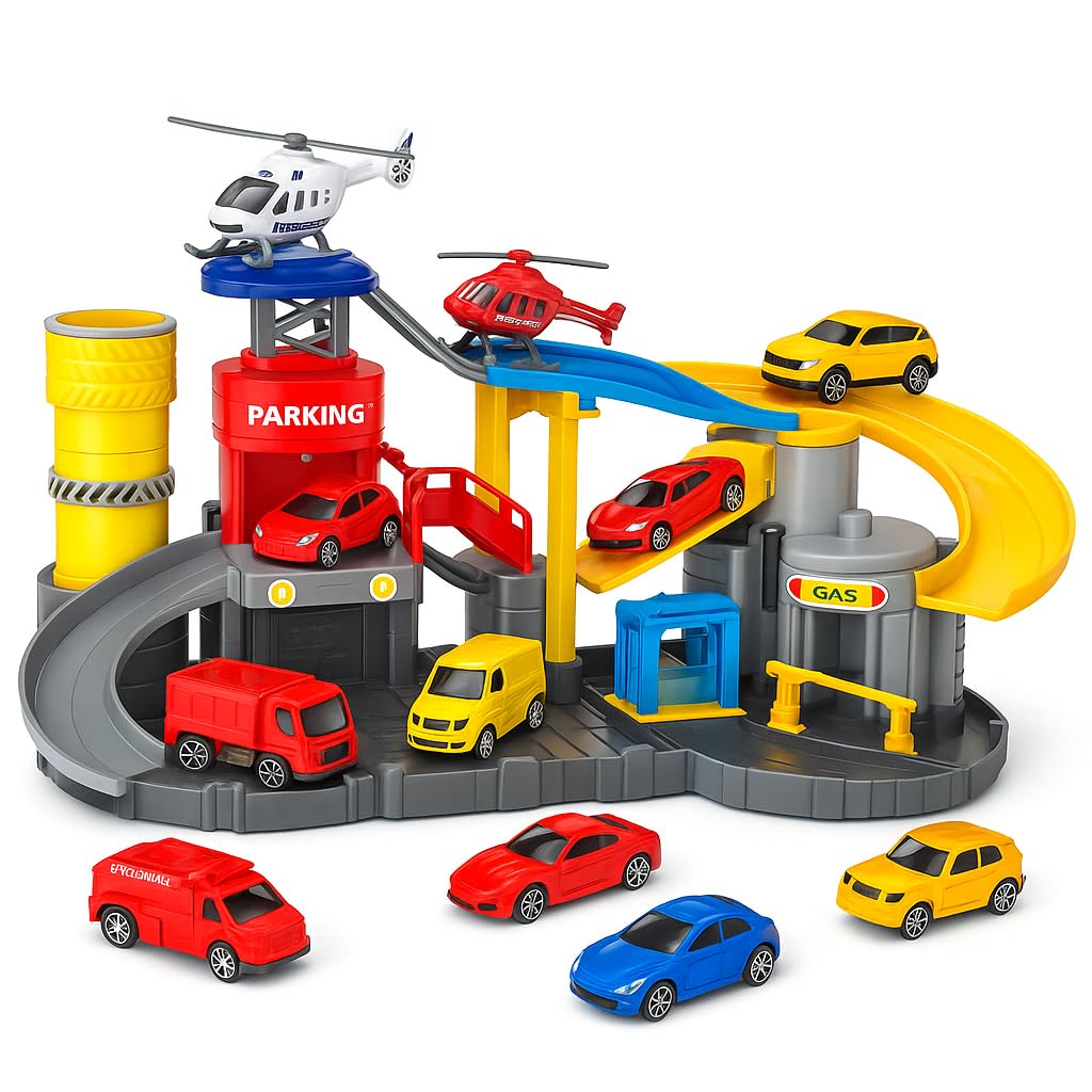 Fitto Adventure Rollo Coaster Theme Park Playset with Car Crane, Slide, Stunt Loop, and 8 Die Cast Cars