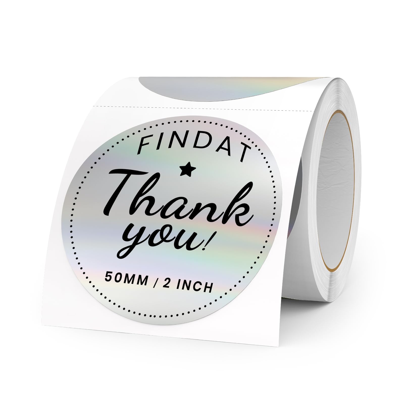 FINDAT Circle Thermal Labels 2 Inch Holographic Laser Silver Vinyl Thermal Stickers Self-Adhesive Waterproof Rainbow Round Direct Thermal Printer