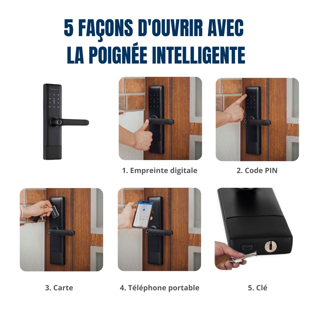 Serrure de porte intelligente TTlock avec poignée – Accès sans clé par code, empreinte ou mobile – Verrou électronique pour porte en bois, aluminium ou portail extérieur