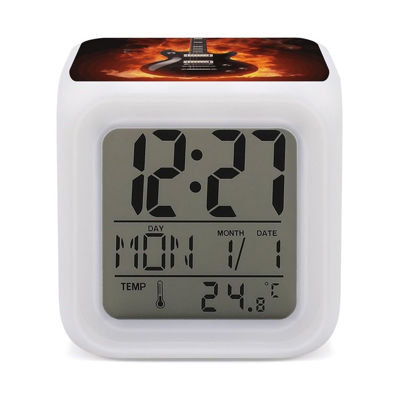 FekiLoot Rock Guitar Alarm Clock with 7 Color Changing Night Light,Battery Operated Digital Clocks with Temperature Display Tiny Electric Clock LED Sleep Timer for Room Decor