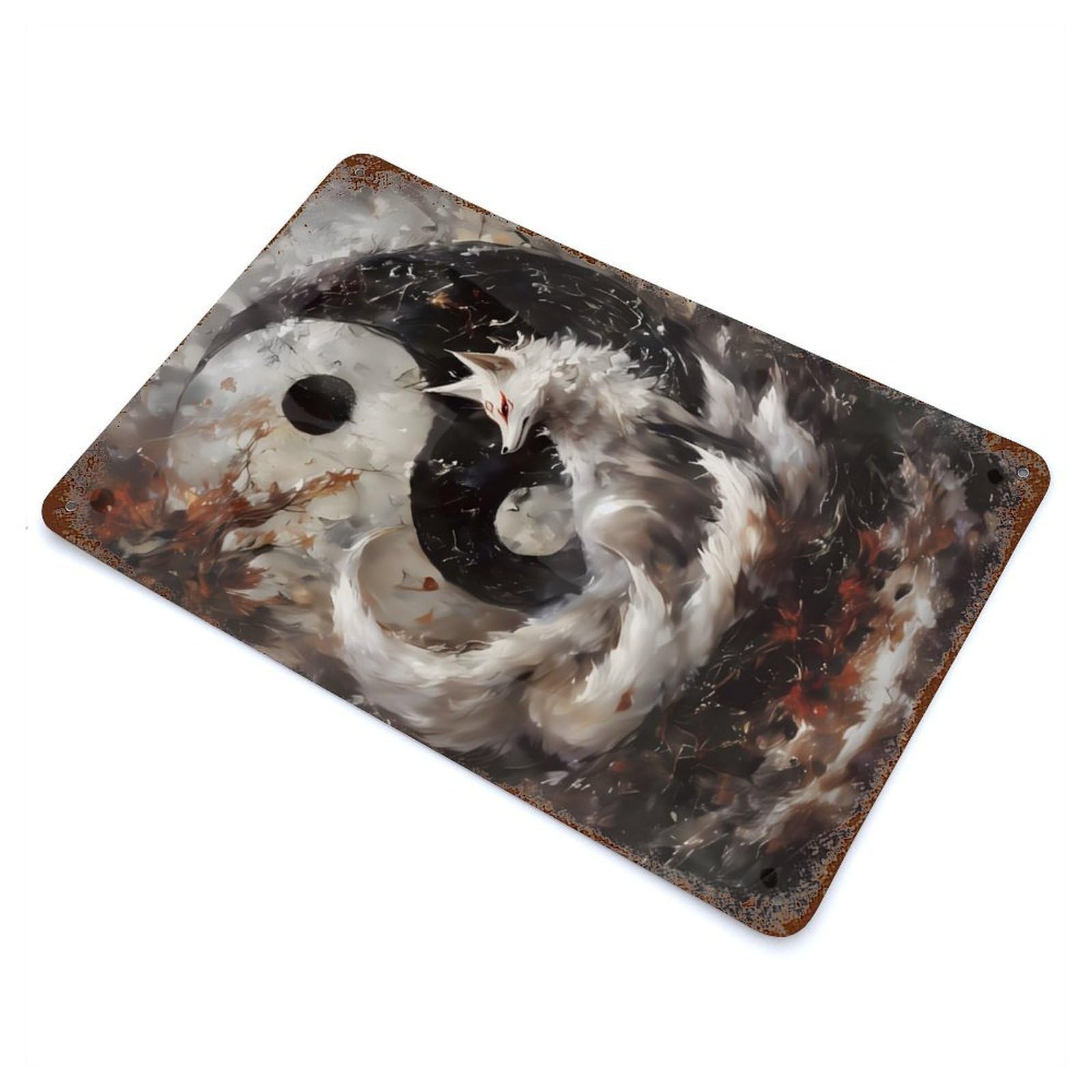 Fox And Yin Yang 11.8"x7.9" Retro Metal Sign, Industrial Home Decor for Basement, Hobby Room And Garage Decor