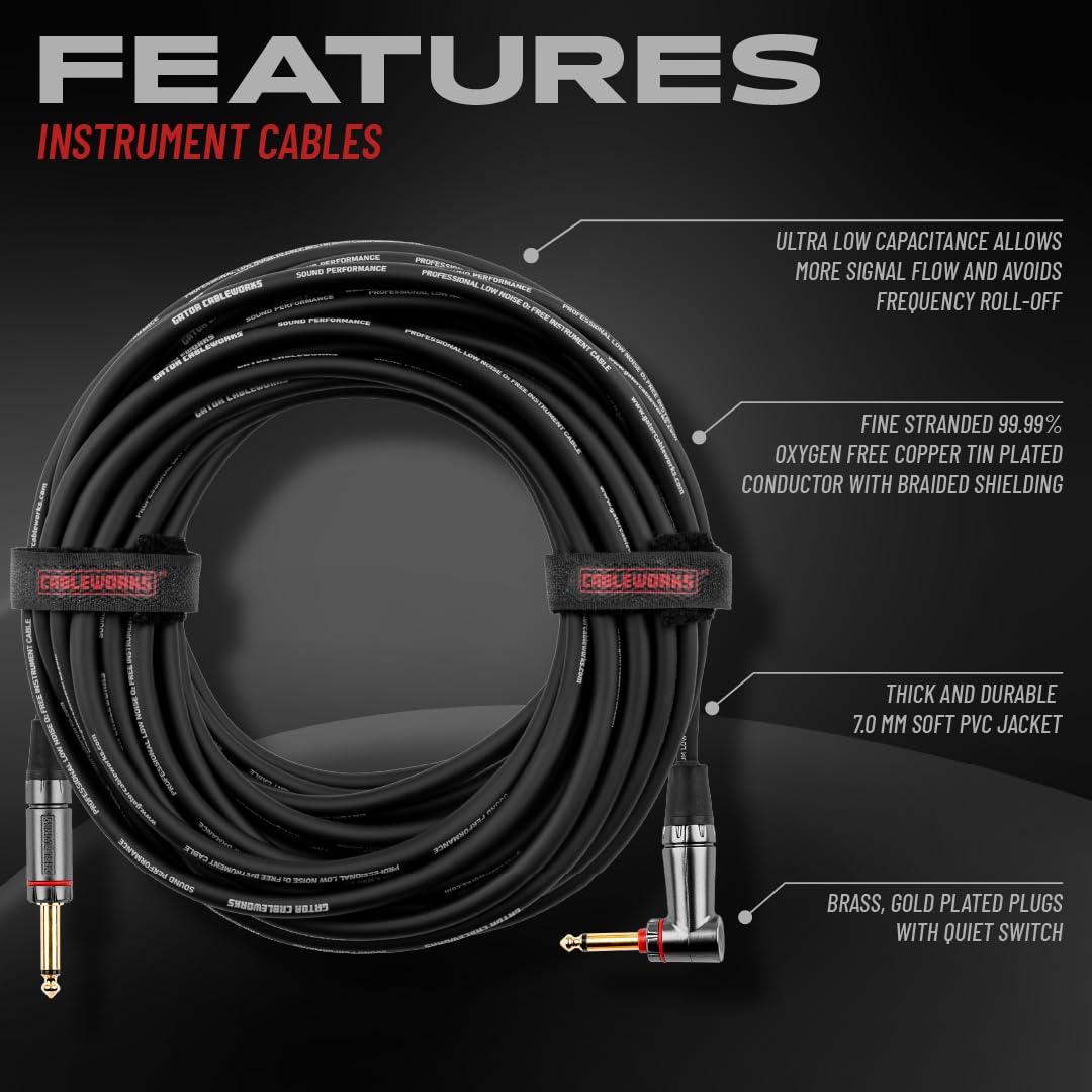 Cableworks by Gator Cases Headliner Series Premium 10 Ft Straight to Right Angle Guitar Instrument Cable with Quiet Switch Technology (GCWH-INS-10RAQT) - Image 2