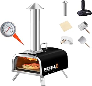 PIZZELLO 12" Outdoor Pizza Oven Wood Fired Portable wood pellet pizza oven with Pizza Stone, Pizza Peel, Fold-up Legs, Cover (Black)