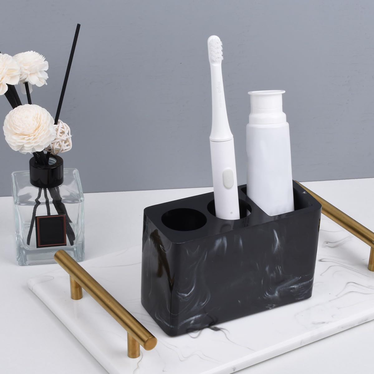 ibasenice Portacepillos de Dientes de Resina Negro Diseño Elegante para Baño, Soporte para Pasta de Dientes y Almacenamiento, Mantiene Limpio y Organizado el Tocador