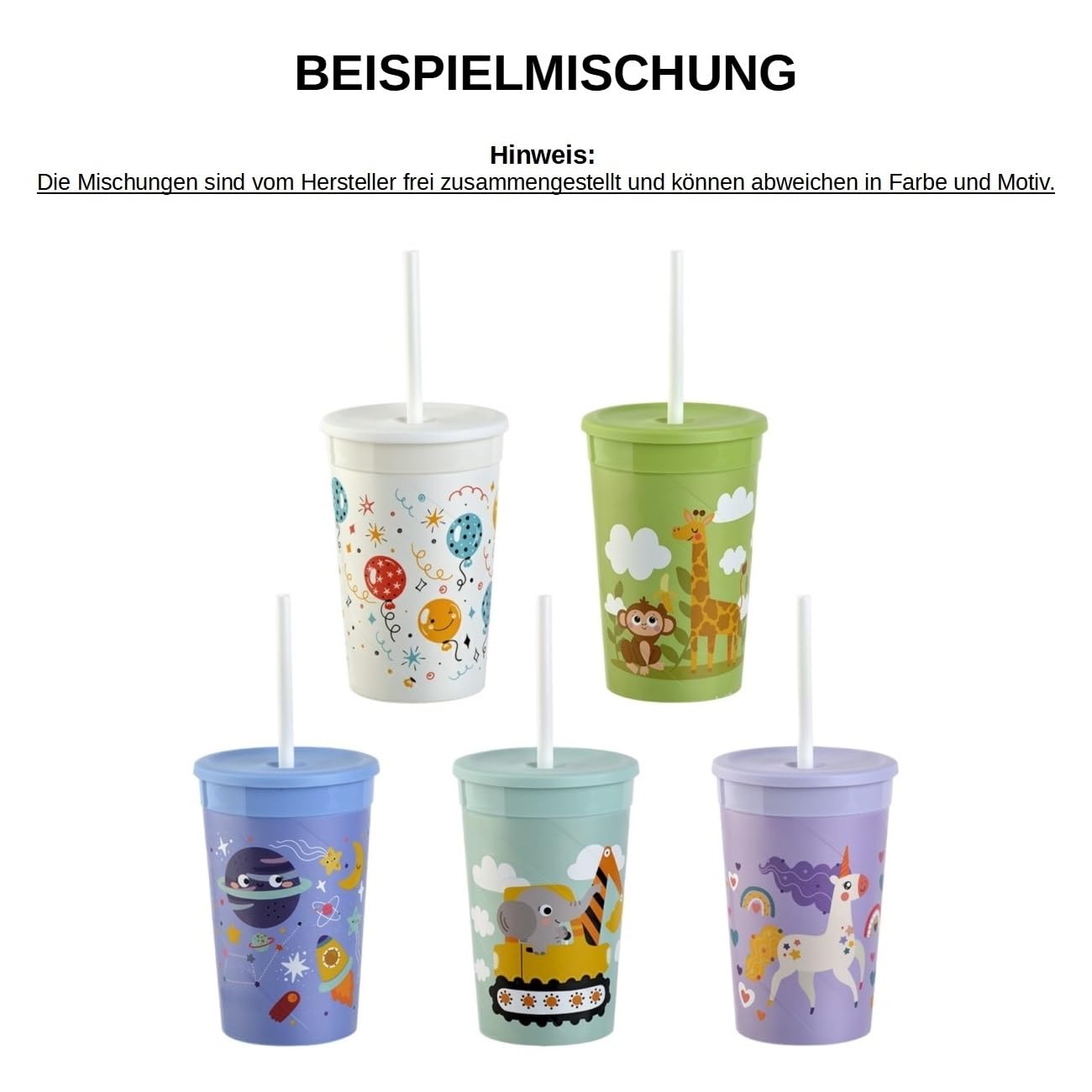 5 x Kinderbecher mit Deckel und Strohhalm, BPA-frei, Bunte Mischung, Kunstoffbecher, Trinkbecher, Party-Becher, Plastik, Trink-Gläser, Mehrweg 0,33l