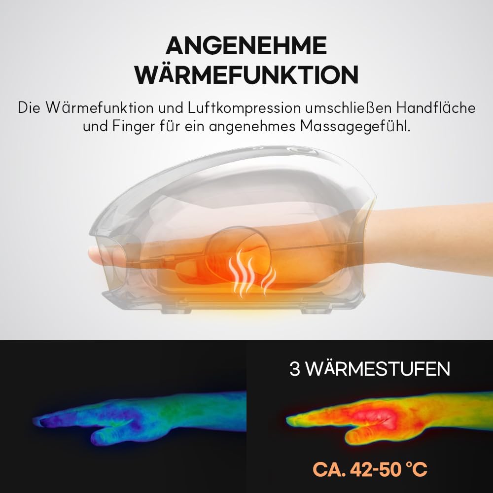HubiCare kompaktes Handmassagegerät mit Wärme und Luftkompression, kabellose Handmassage für Hände, Finger und Handgelenk, 3 Modi, 3 Intensitätsstufen, USB-C Aufladung
