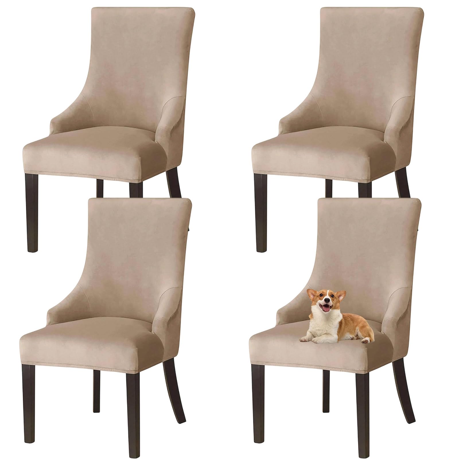 GUYIRT Velvet Wingback Dining Chair Covers Wingback Side Chair Cover Slipcover Sloping Armchair Cover with Elastic Bottom for Kitchen Banquet (camel,set of 4)