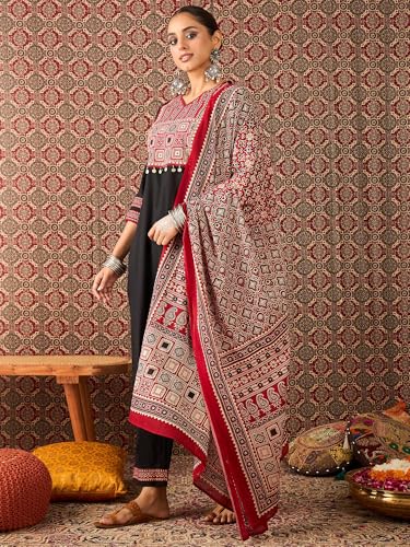 Image of INDO ERA Women's Straight Pure Cotton Floral Self Design Kurta & Pant With Dupatta Set | Kurta Sets For Woman
