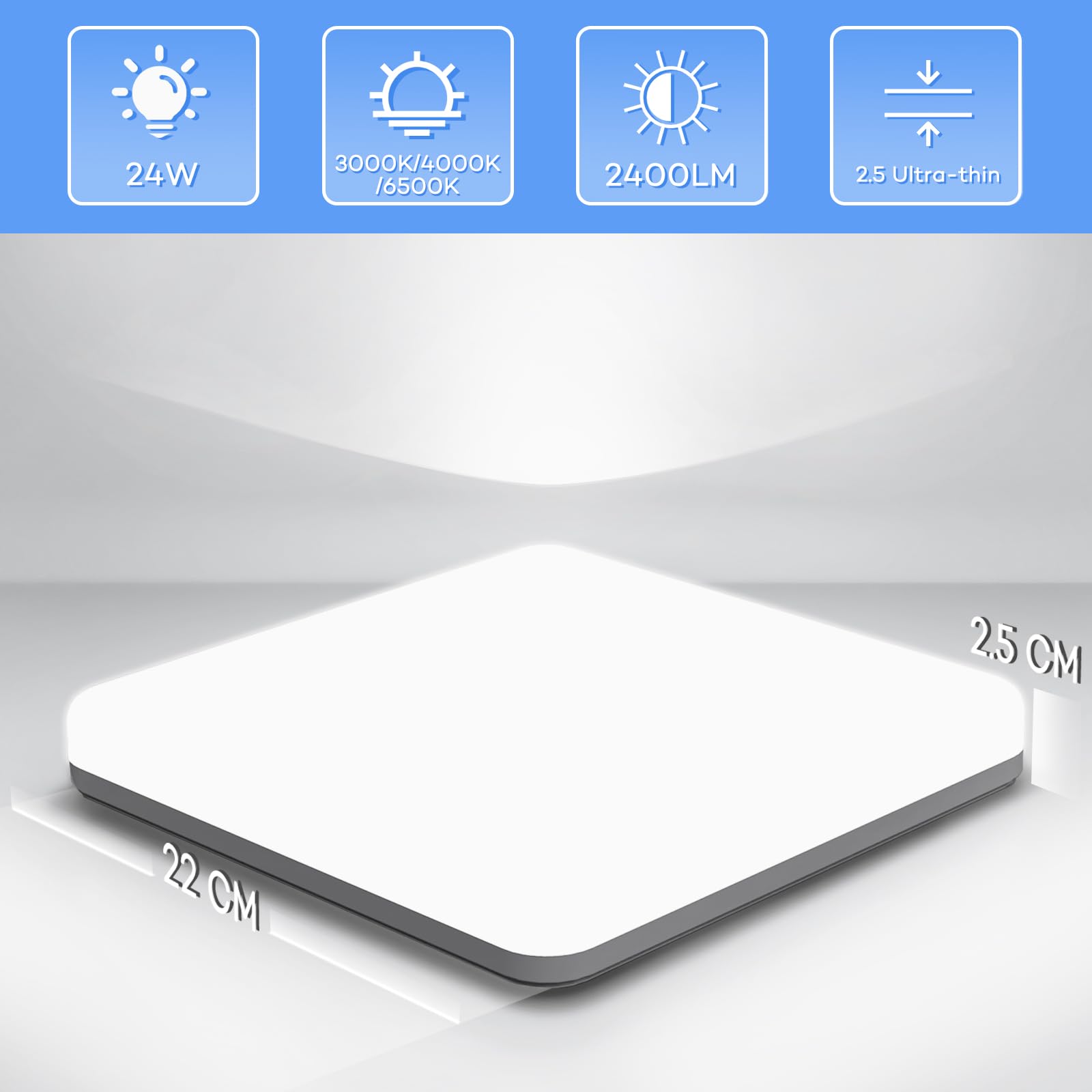 Plafoniera LED Soffitto 24W, 3000/4000/6500K Lampada da Soffitto LED Moderno, 2400LM Plafoniera Bagno IP44 Impermeabile Plafoniere da Ufficio Luce Soffitto per Camera Letto Cucina Soggiorno Balcone