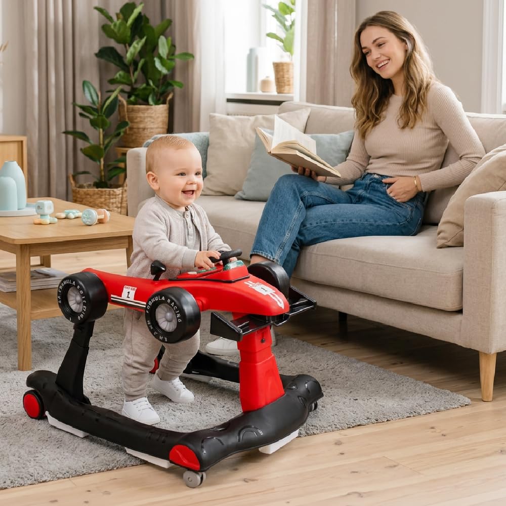Andador para bebés Formula Racing, 6-18 meses, baby walker plegable con ruedas silenciosas, caminante con Empuje Regulable en Altura, coche de aprendizaje móvil con música y luz (Rojo)