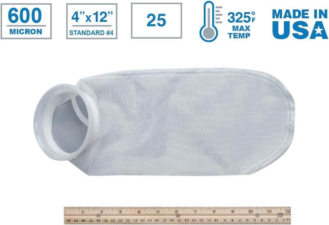 NMO600P4P-25 Nylon Monofilament Mesh Liquid Filter Bag 600 Micron Poly Ring Size 4 PK/25