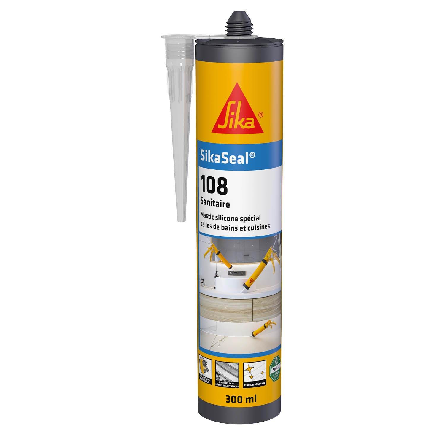 SIKA - Mastic Cuisine & Salle de Bain Anti-​Moisissures - SikaSeal 108 Sanitaire Transparent - Joints silicone sanitaire longue durabilité sur multi-​supports -​Idéal pour travaux de plomberie - 300ml