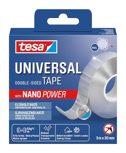 tesa Ruban adhésif double face universel - Transparent - Facile à enlever et réutilisable - Résistant aux intempéries - Pour l'intérieur et l'extérieur - 1 rouleau - 3 m x 30 mm
