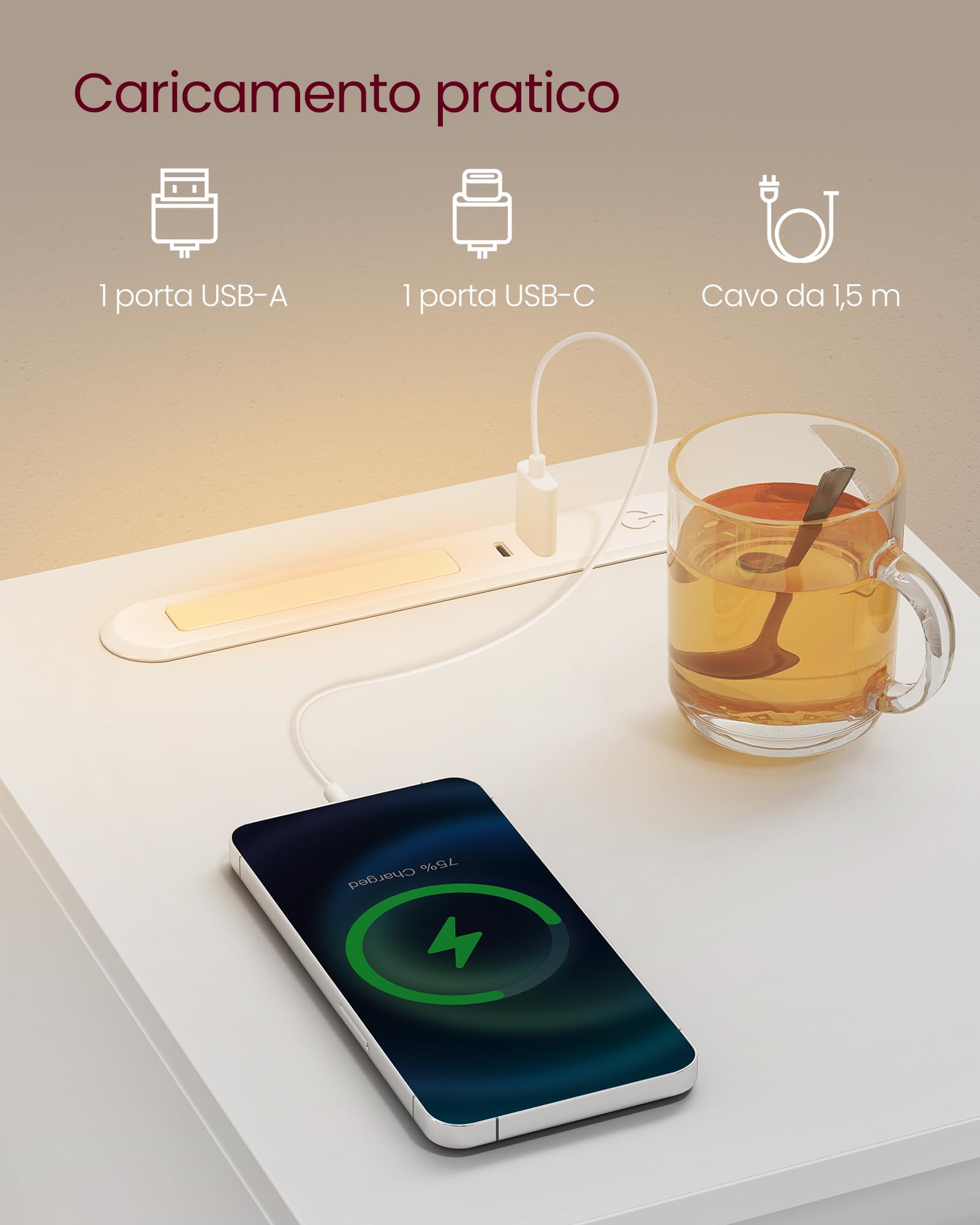 VASAGLE Comodino sottile con stazione di ricarica e luce LED, set di 2 tavolini laterali stretti, porte USB, cassetto e scomparto aperto, per camera da letto, soggiorno, bianco nuvola LET710W01