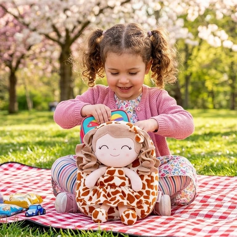 Image of Gloveleya Toddler Girls Backpacks Soft Doll Backpack for Kids Curly Hair Dolls for Girls Giraffe 9 inches