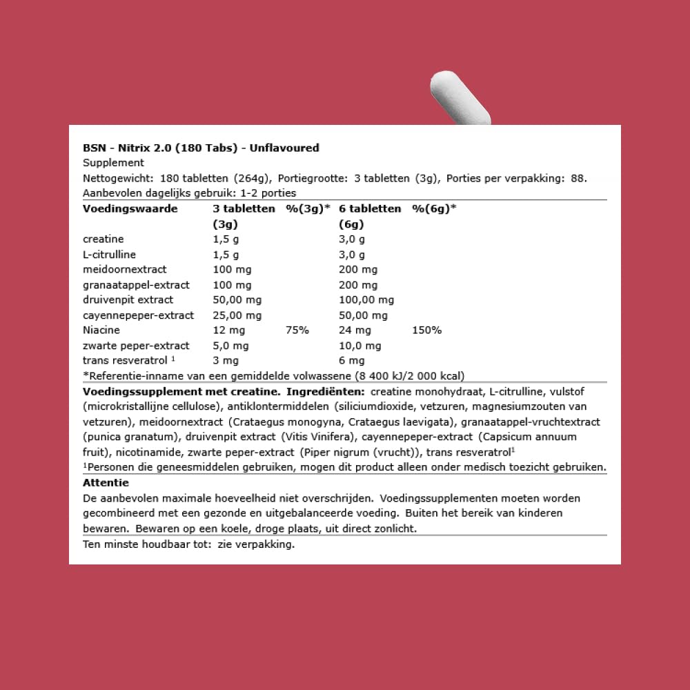 BSN Nitrix 2.0 Complément alimentaire, oxyde nitrique avec acide aminé L-Citrulline, niacine, poivre noir et extraits de plantes, nutrition sportive, non aromatisé, 180 gélules, 60 Portions