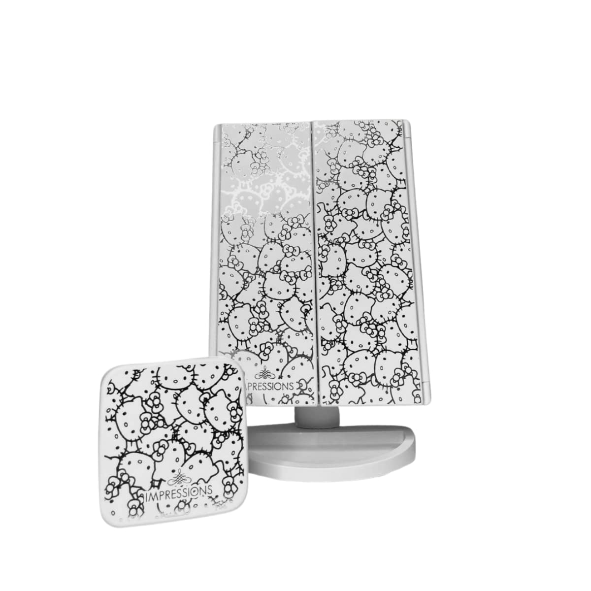 Impressions Vanity Hello Kitty Lighted Makeup Mirrors Bundle, Supercute Trifold and Compact Mirror with LED Lights, Magnification, Touch Screen, Travel Accessories Portable Hand Mirror (White)