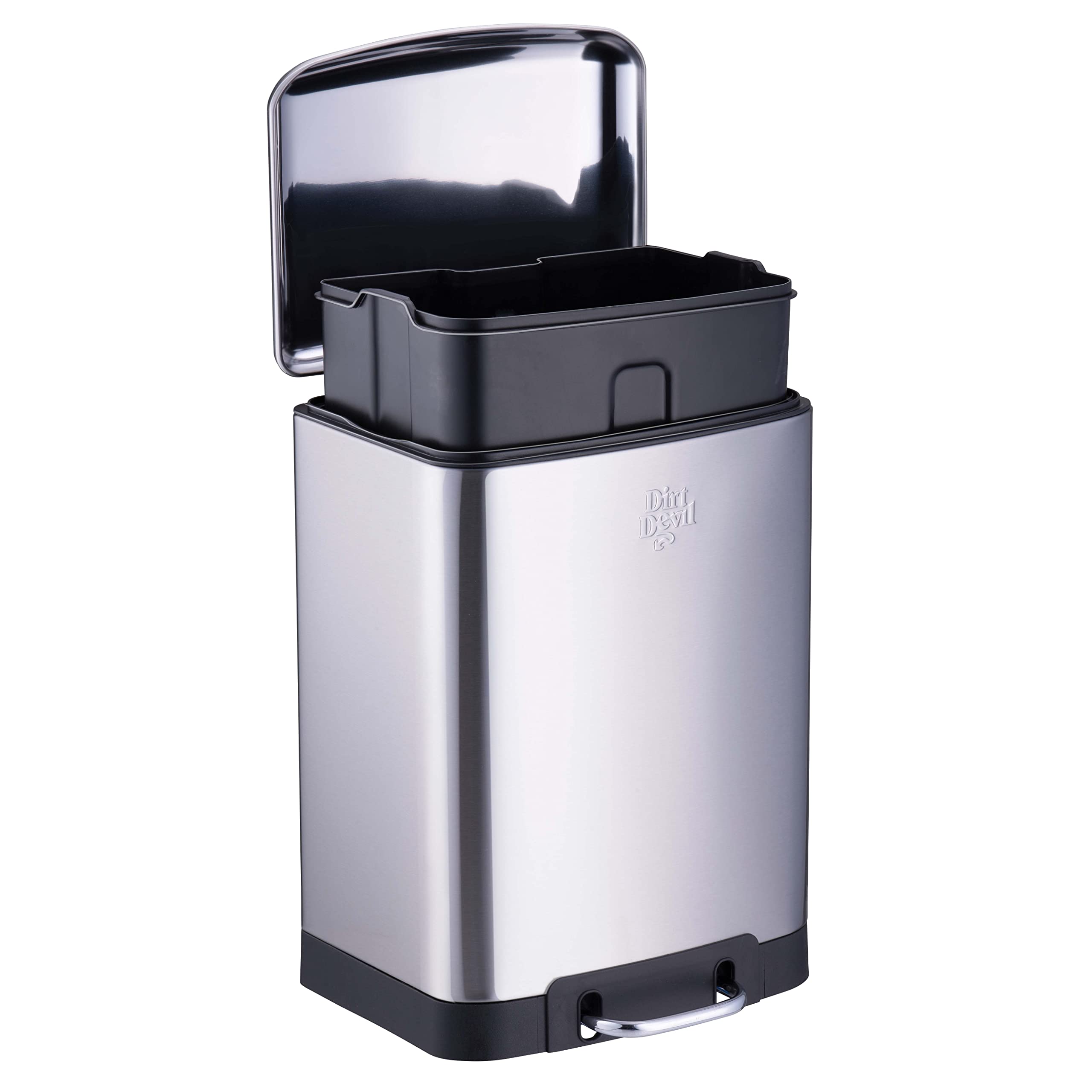 Dirt Devil Pattumiera a pedale, 12 l, con chiusura morbida, in acciaio inossidabile, cestino interno rimovibile, 27,2 x 25,5 x 40,2 cm, colore: argento