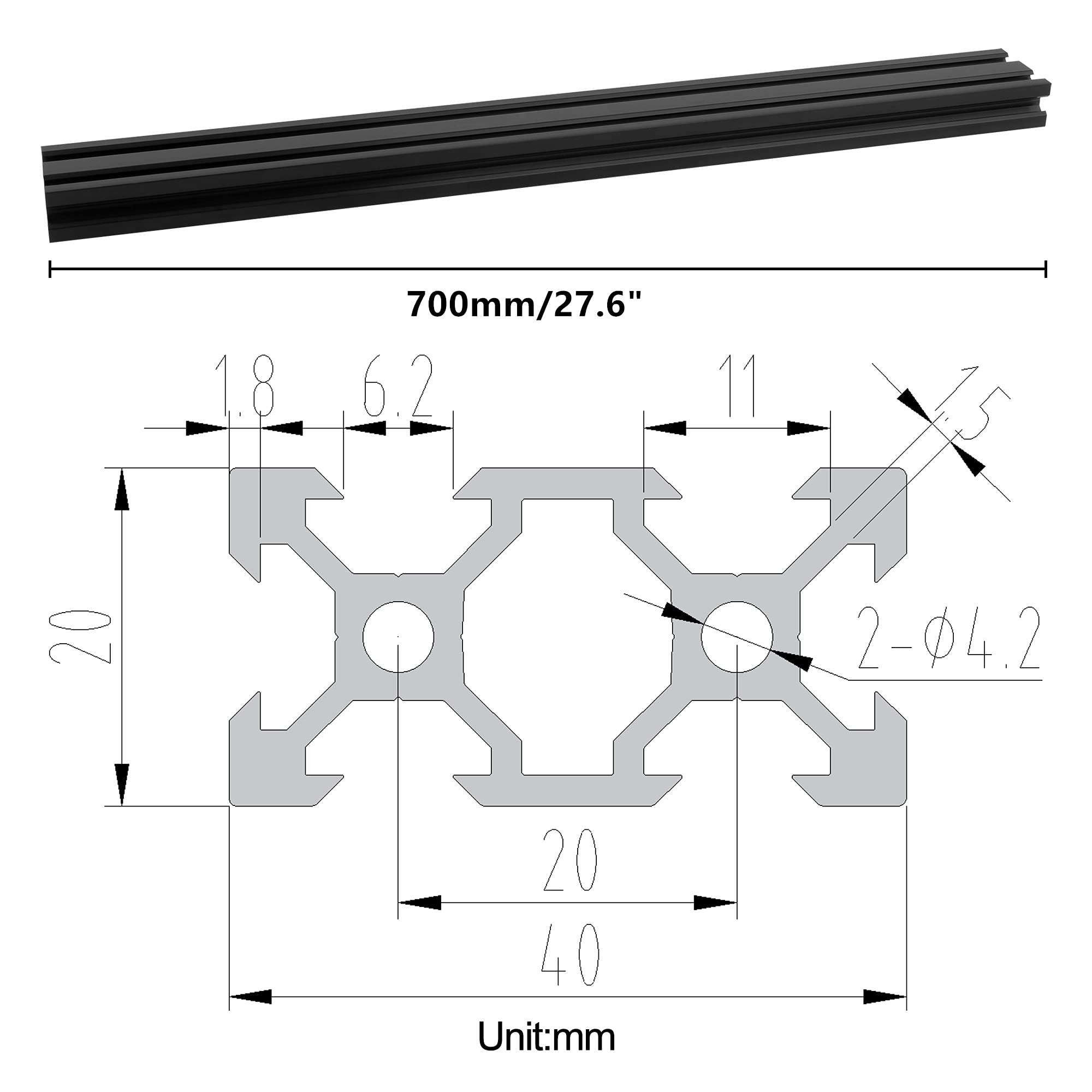 Lot de 2 rails linéaires anodisés 700 mm 2040 V - Norme européenne - 20 x 40 mm - Profilé en aluminium pour imprimante 3D DIY CNC - 700 mm