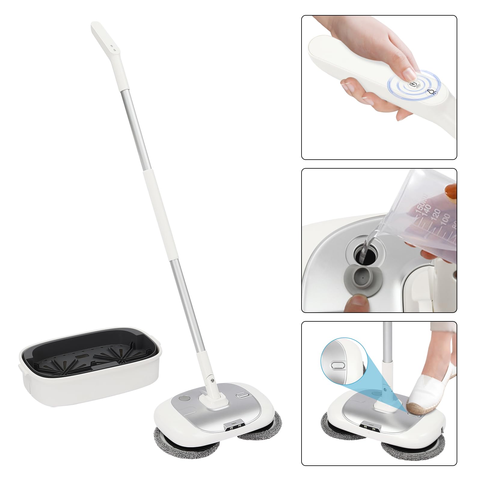 Mopa eléctrica con batería con función de pulverización y LED – Fregona inalámbrica para limpiar/fregar/pulir, ligera y recargable, color plateado