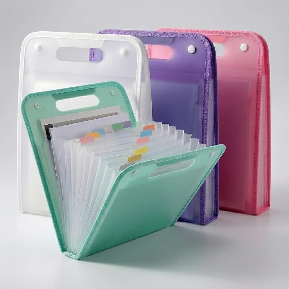 Pasta Sanfonada A4 com 12 Divisórias e Fechamento Seguro – Organizador de Documentos Expansível para Escritório, Escola e Uso Diário (Branco)