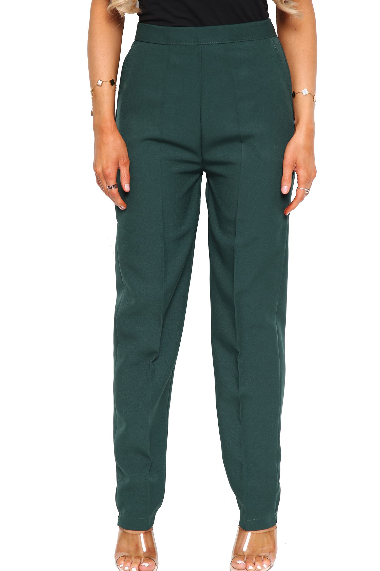 YAHOMI®️ Ladies Womens Half Elasticated Stretch Waist Slimfit Work Office Trousers 2 Pockets Formal Pants Sizes 8 to 24