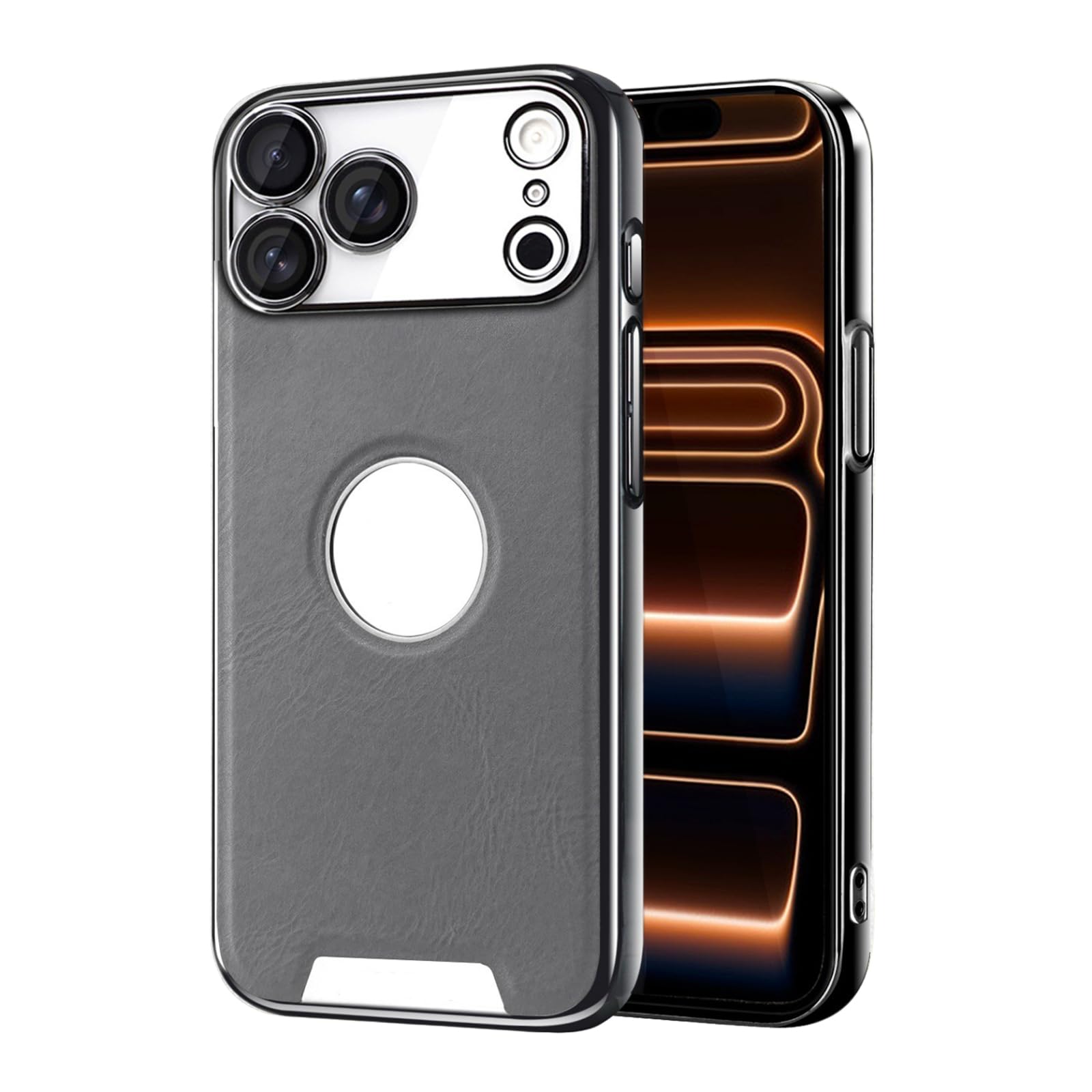 MFAOSHI Slim Case for iPhone 17 Pro Max/17 Pro/17 Air/17, Luxury Business Electroplated Leather Cover with Logo View Camera Protection Case,Grey,17 Pro