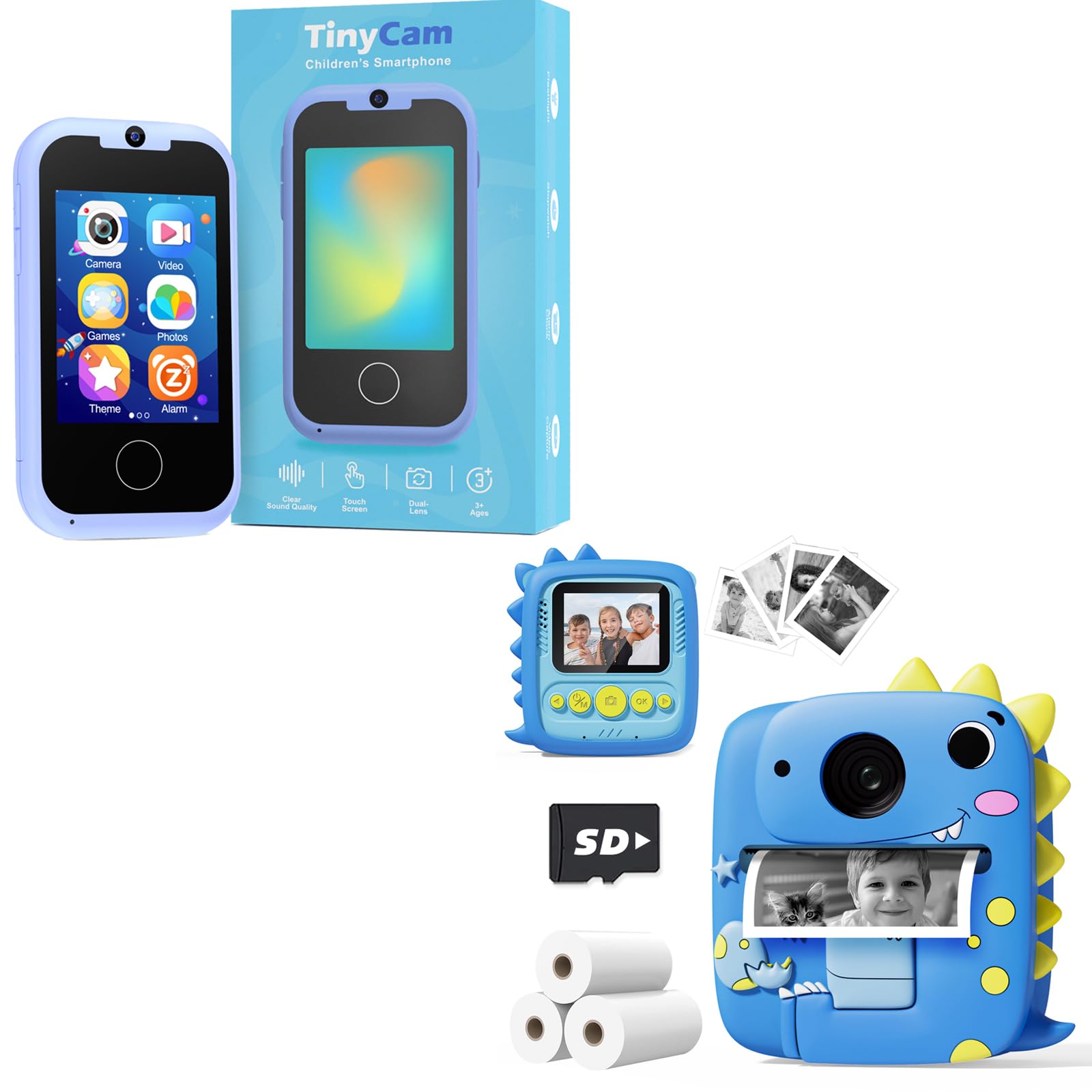 Prysyedawn Toddler Touchscreen Phone Blue & Kids Camera Instant Print Gifts for 3-8 Year Old Boys Girls Blue