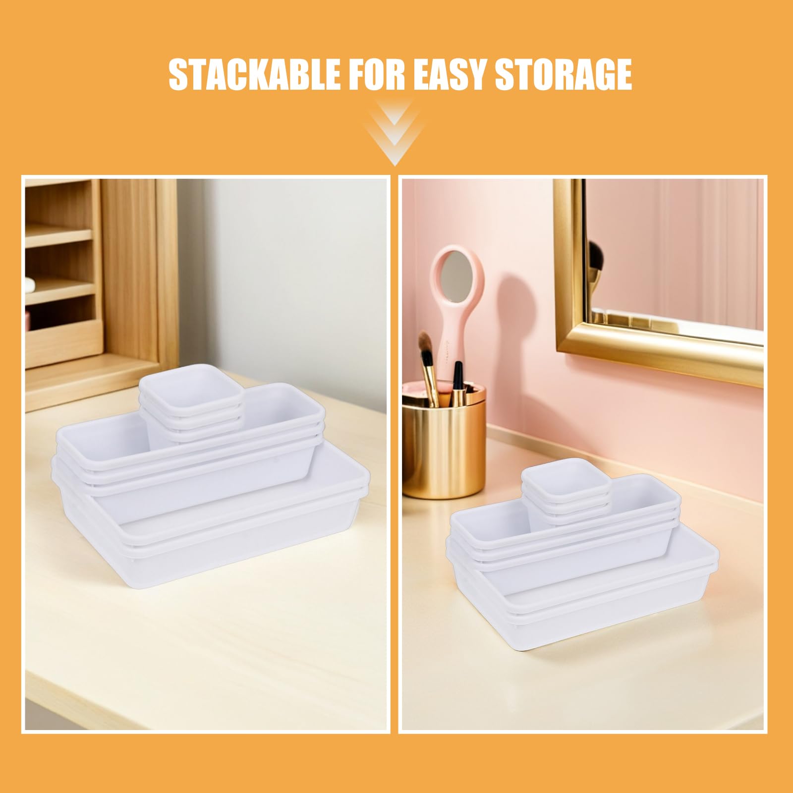 VANZACK Organizer per Cassetti da Bagno e Scatola Portaoggetti per Cosmetici, Set 16 Pezzi in Plastica Bianca 24x16x9 Cm, Divisori Modulari per Trucco e Accessori da Toeletta, Organizer