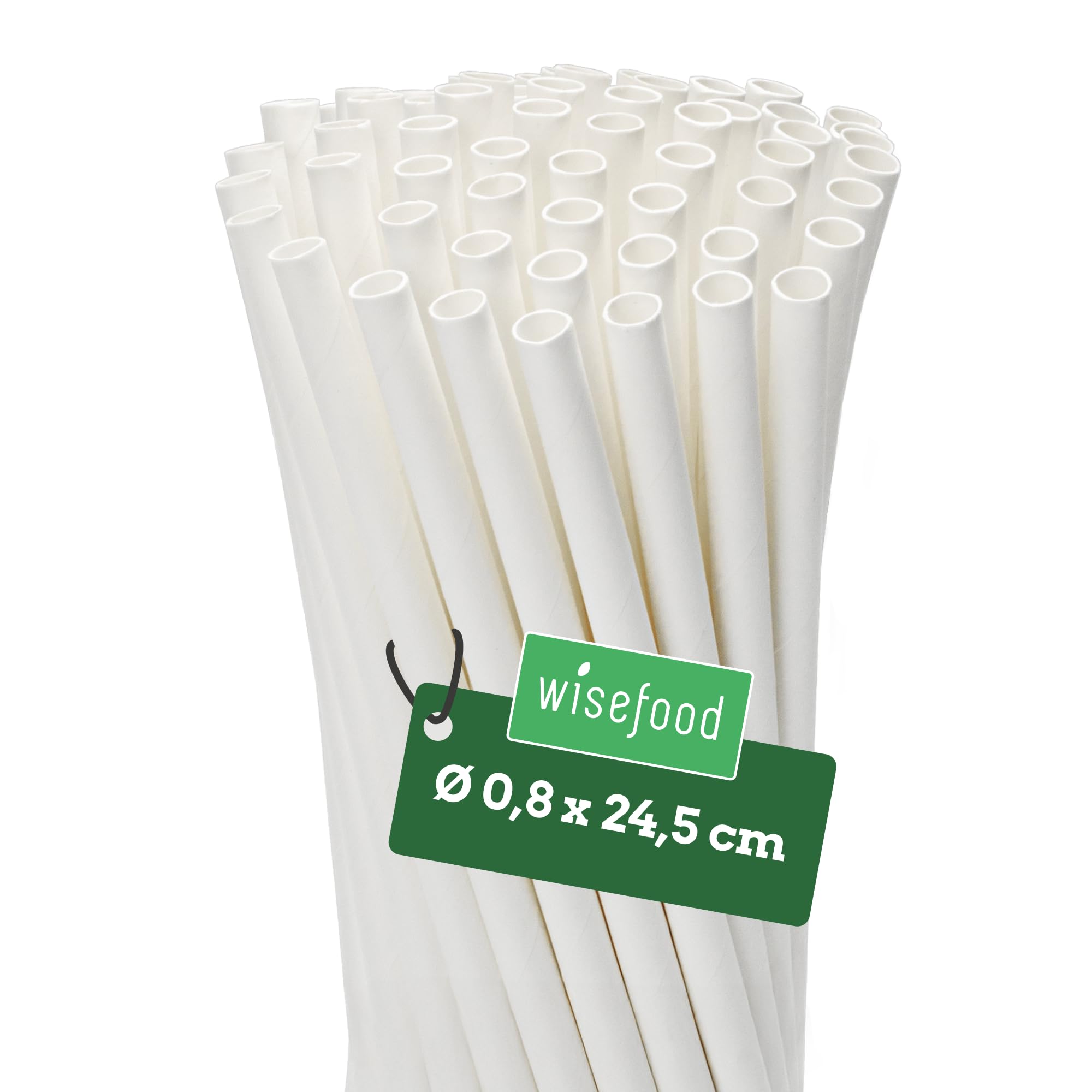 wisefood Papierstrohhalme Einweg - 500 Stück Ø 8mm x 24,5cm - weiß - stabile Trinkhalme aus Papier, kompostierbar & biologisch abbaubar