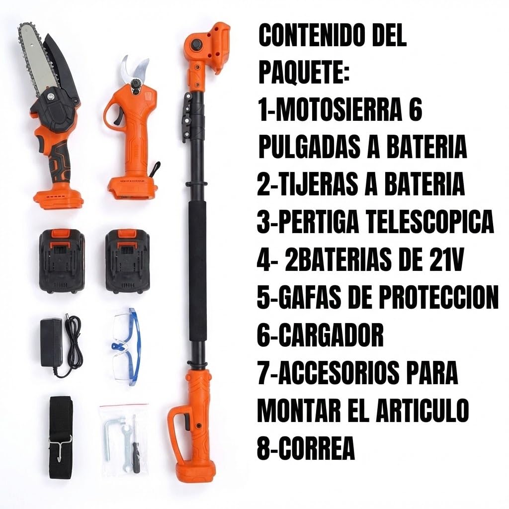 Kit de Poda a Batería con Motosierra, Tijeras Eléctricas y Pértiga Telescópica de 263cm, Incluye 2 Baterías, Cargador y Gafas, para Poda en Altura