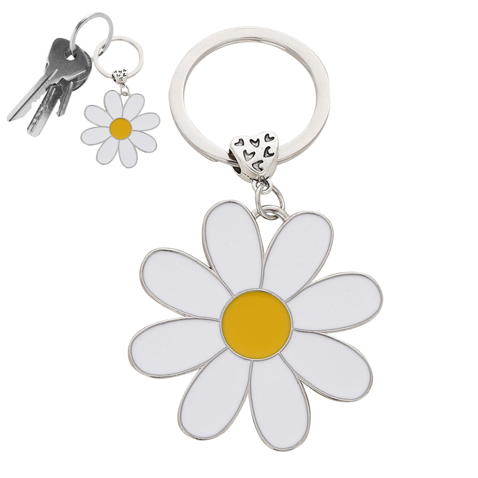 Lechisenop Unisex White 1 Pcs Cute Daisy Keychain, Sunflower Keyring Keychain Cute, Daisy Gifts For Women, Bag Charm Floral Charm For Purse, Flower Lovers Daisy Gifts, Keys Metal Keyring Gift For Women (White)