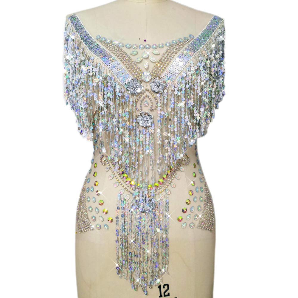 succi shan Shiny Handmade Beading Cristal Patch Sew on Tassel Rhinestone Applique on Mesh Trim for Bridal Gown Wedding Dresses (AB, 38x64cm)