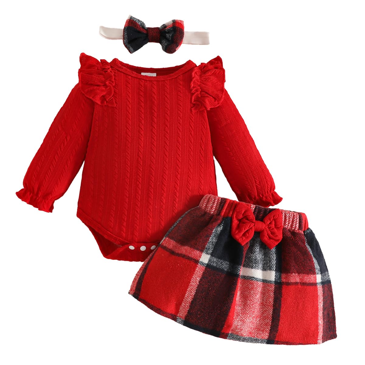 Baby Mädchen Herbstrock Outfits Rüschen Langarm Strampler Plaid Rock mit Stirnband Süße Neugeborenen Kleidung Set 0-18M
