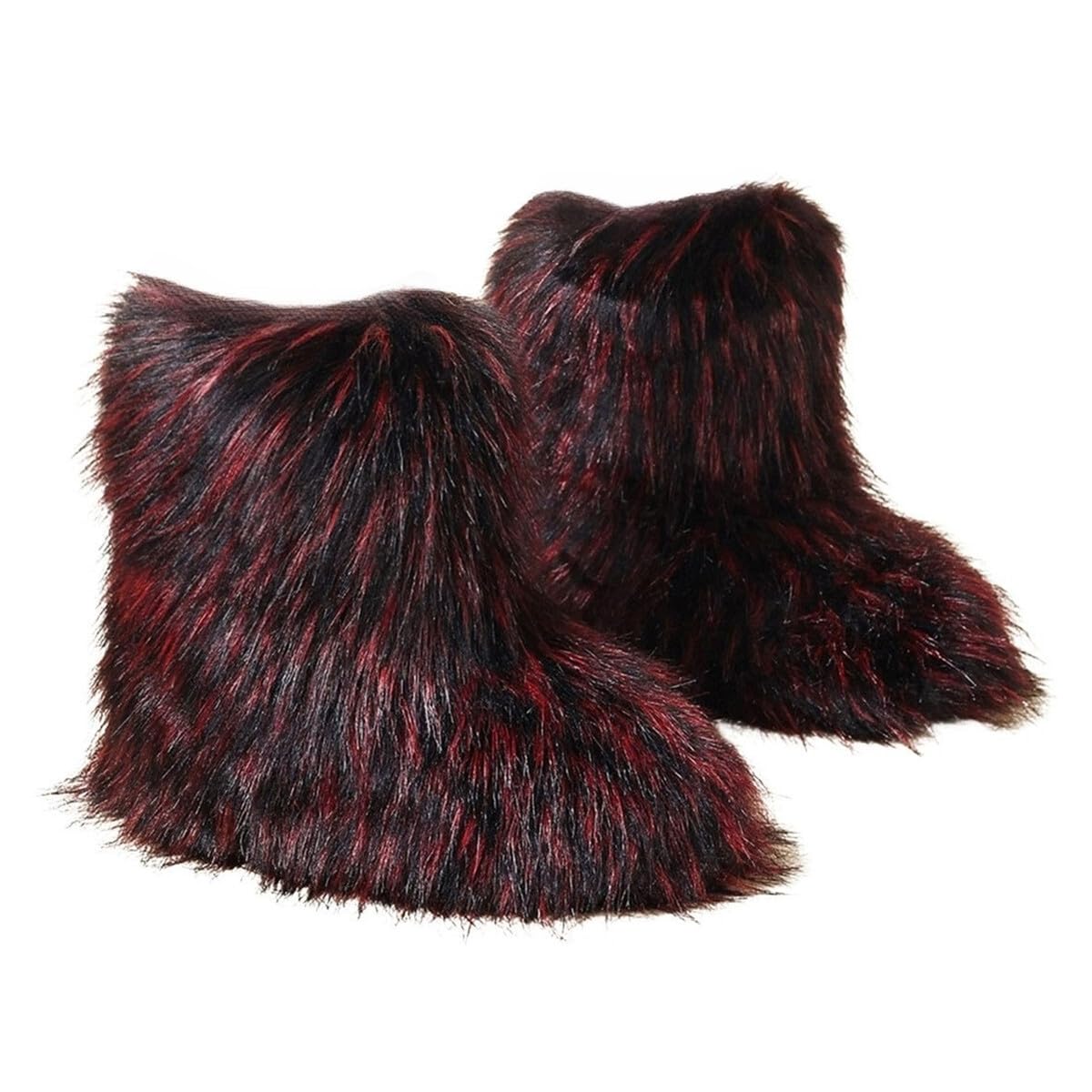 Womens Faux Fur Boots Furry Fuzzy Fluffy Round Toe Suede Winter Snow Bootie Flat Shoes Puffy Warm Short