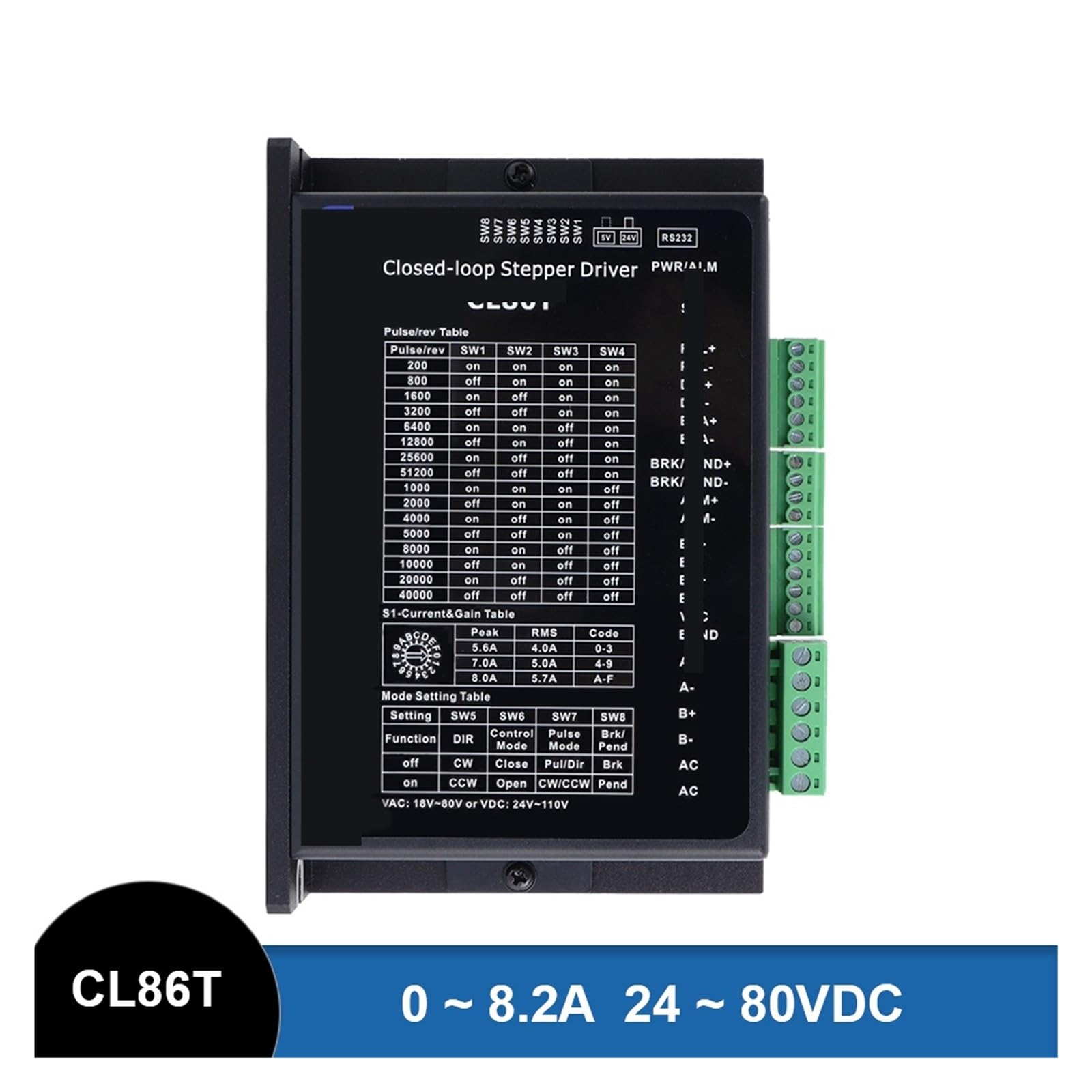 Controlador de motor paso a paso de circuito cerrado, Nema 34 0~8.2A 24~80VDC CL86T Controlador de motor paso a paso digital de 2 fases CNC