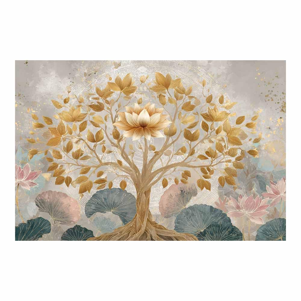 ZAMAEIU Tree of life wall decor Lotus-bearing trees On Canvas Prints Poster Pictures for Living Room Bedroom Home Office Wall Decoration(golden)-80x120cm Unframed