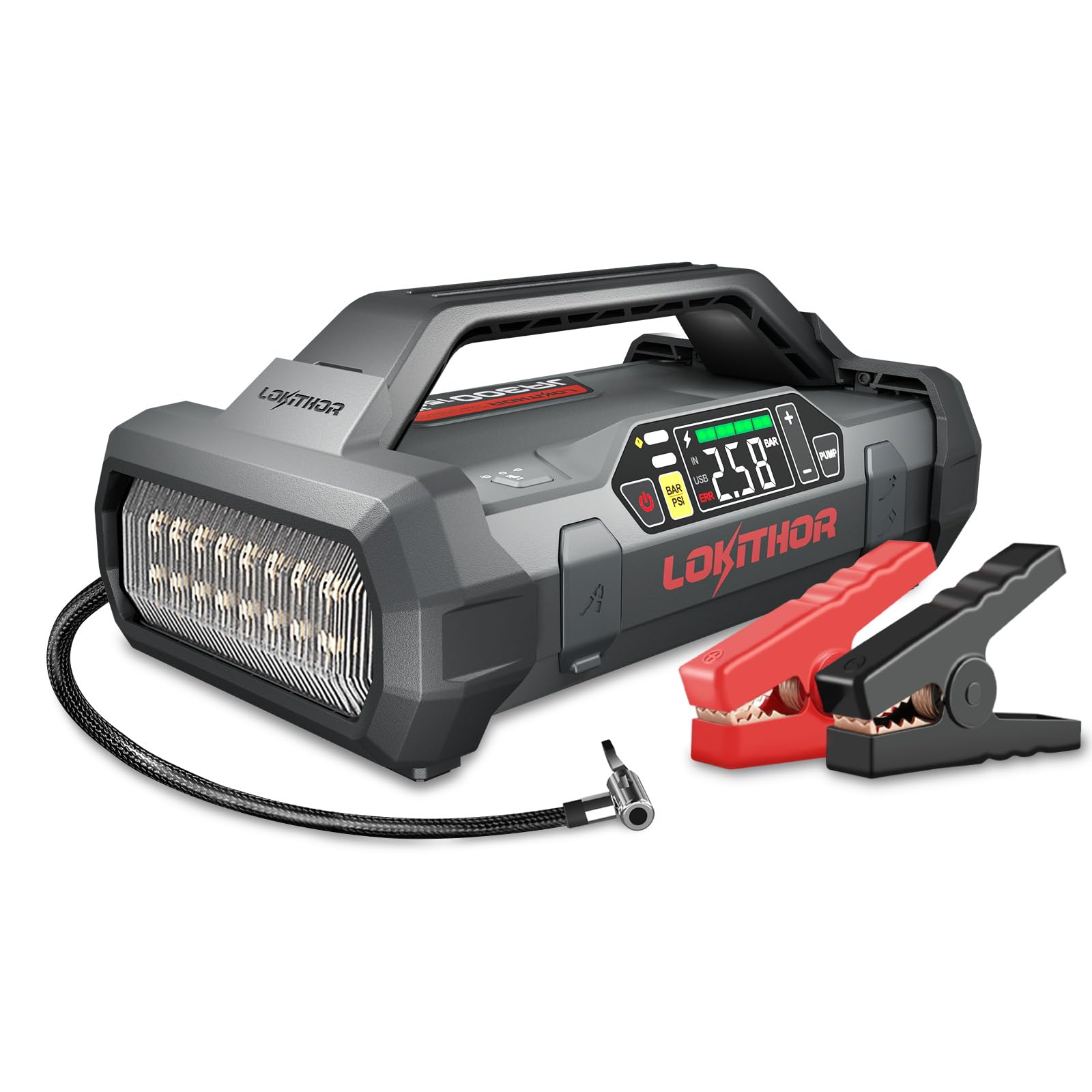 LOKITHOR JA300 Avviatore Batteria Auto 1500A 12V con 150 PSI Compressore d'aria Batteria Booster(Motori Fino a 7,0L Benzina/4,5L Diesell) con Torcia a LED Standby Ultra Lungo di 24 Mesi