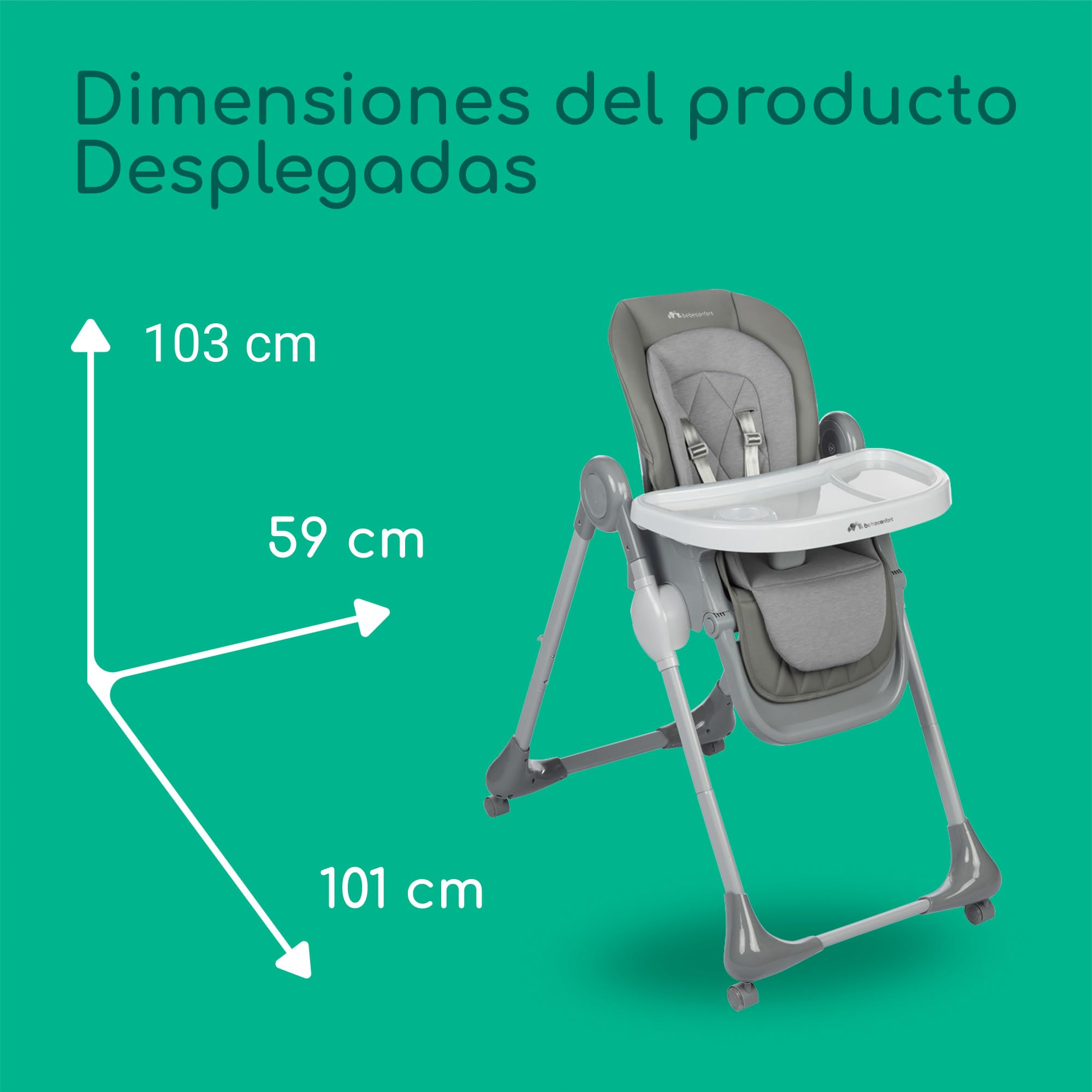 Bebeconfort Olea, Trona bebé, 0-3 años, 0-15 kg, totalmente ajustable, 9 alturas, 3 posiciones de reclinación, fácil limpieza, 4 ruedas giratorias, plegado compacto, Tinted Grey