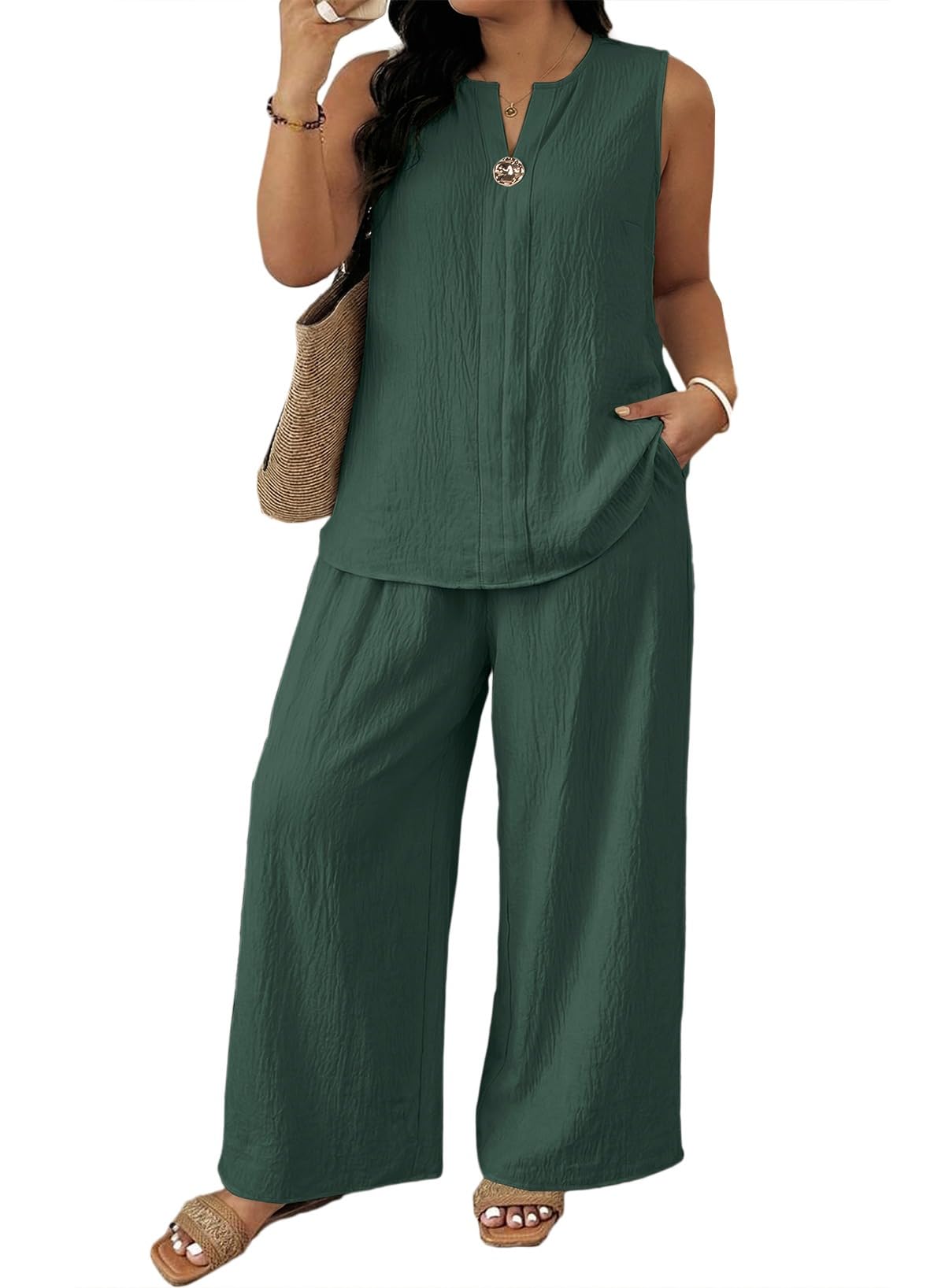 Eytino Plus Size 2 Piece Sets for Women Summer Travel Vacation Outfits Sleeveless Tops Wide Leg Pants Matching Sets(1X-5X)