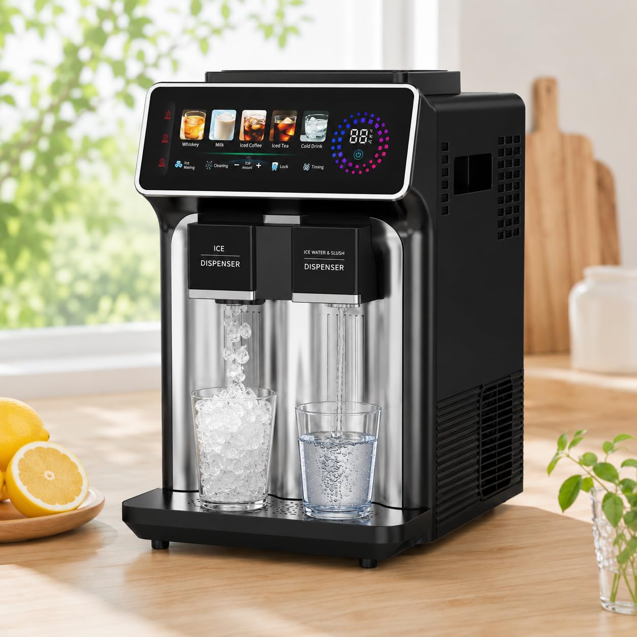 Máquina de hielo de sobremesa para cubitos, máquina de hielo 3 en 1 con función para batidos y agua fría, depósito de agua de 1,5 L, fabricación rápida de hielo de 15 kg/24 h, produce 12 cubitos Black