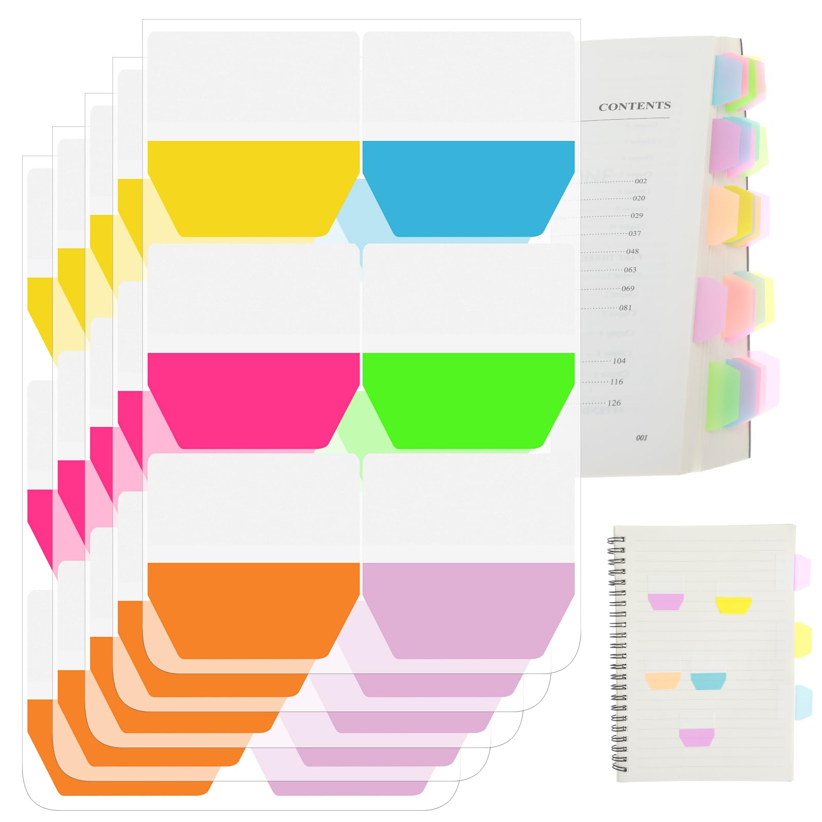 Molain 600 unidades/5 paquetes de fichas de índice autoadhesivas, pestañas fluorescentes para describir, tablillas adhesivas para archivos, pestañas de archivo de banderas, marcadores de página