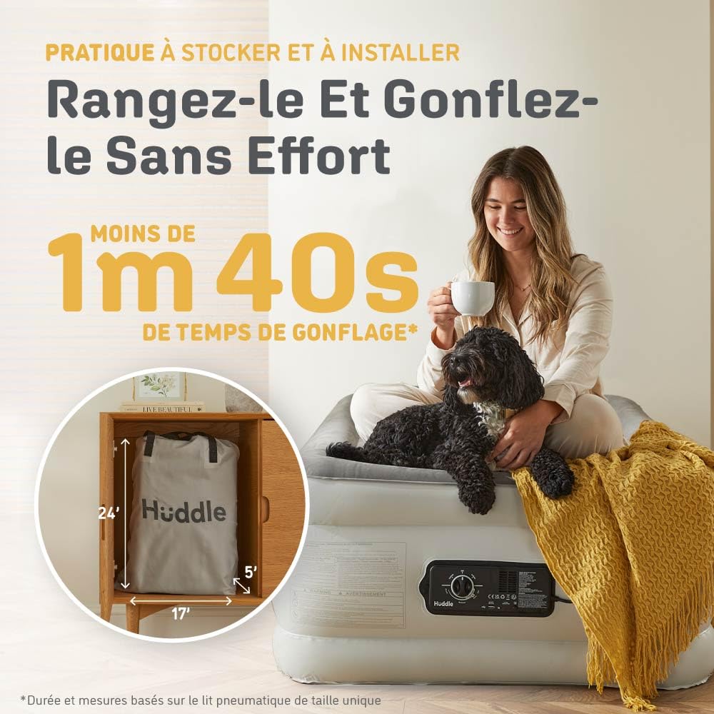 Huddle® Never Deflate™ Luxury lit Double Gonflable, lauréat Good Housekeeping 2025, doté de la Double Pompe SlumberGuard™, fermeté réglable, Pompe intégrée et veilleuse USB