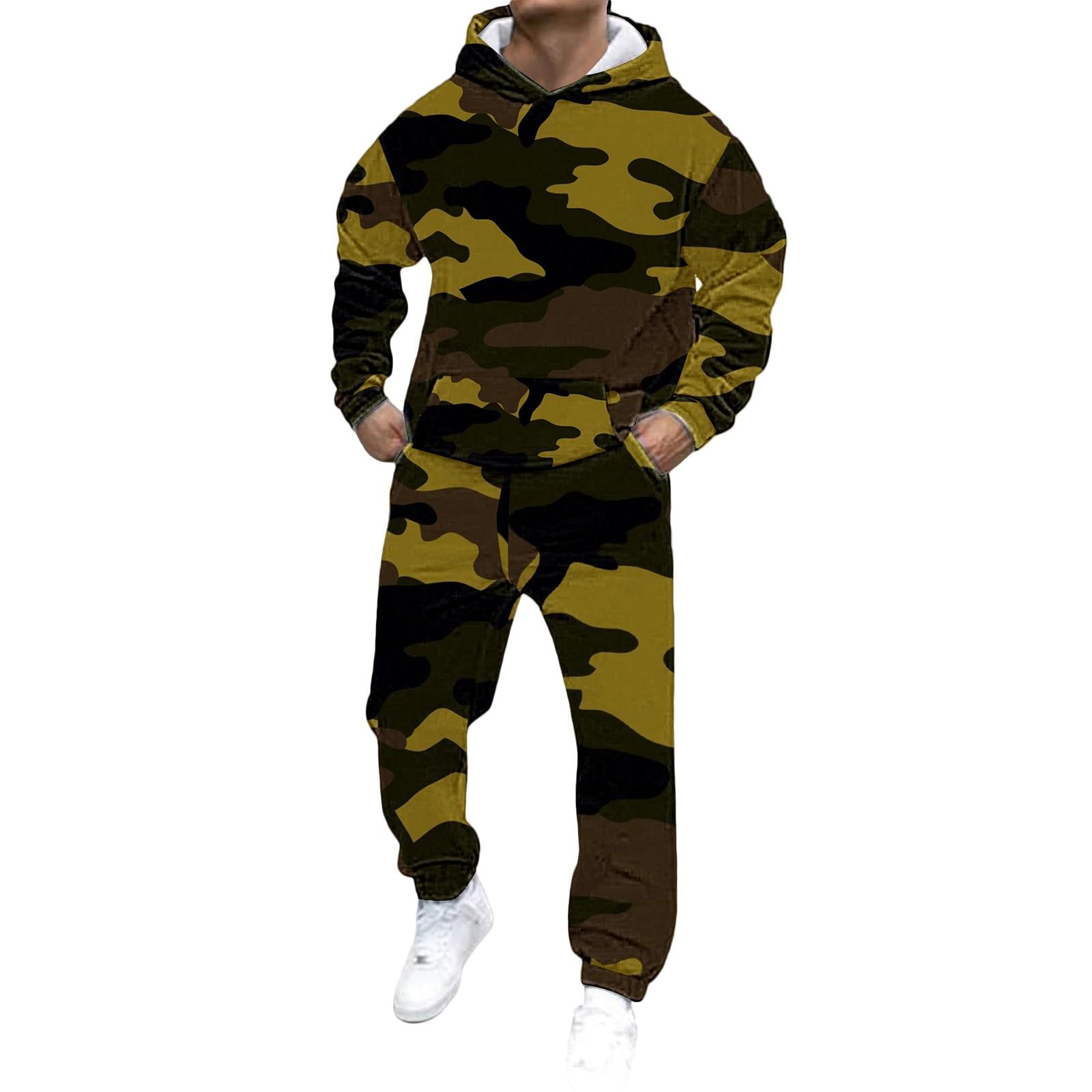 Generisch Tuta da uomo per il tempo libero, 2 pezzi, motivo mimetico, tuta sportiva alla moda, stampa 3D, con cappuccio e pantaloni da jogging, stile urbano alla moda, streatwear
