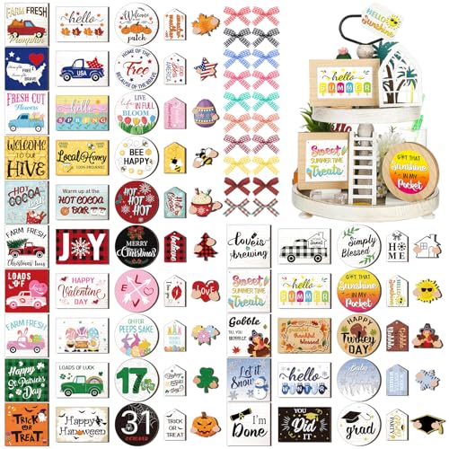 Kigley 70 Pcs Summer Interchangeable Seasonal Tiered Tray Decor Set Farmhouse Holiday Tiered Tray Interchangeable Tabletop Decor for Holiday Seasonal Home Kitchen