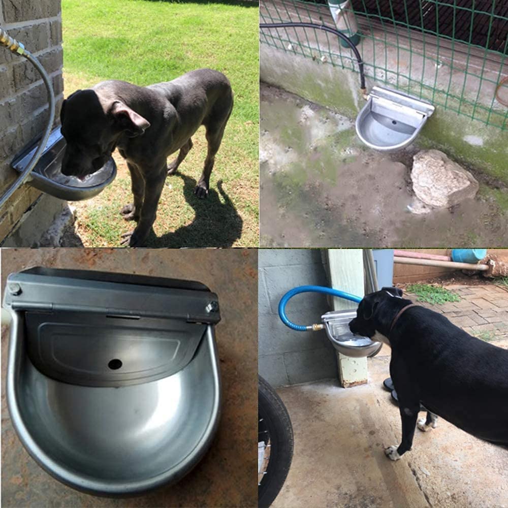 Edelstahl Viehtränke mit Ablaufstopfen, Anschlussstück, Geflochtenem Schlauch, Befestigungsschrauben und Speigatt, Automatische Viehtränke für Hund, Rind, Pferd, Ziege, Schaf, Schwein