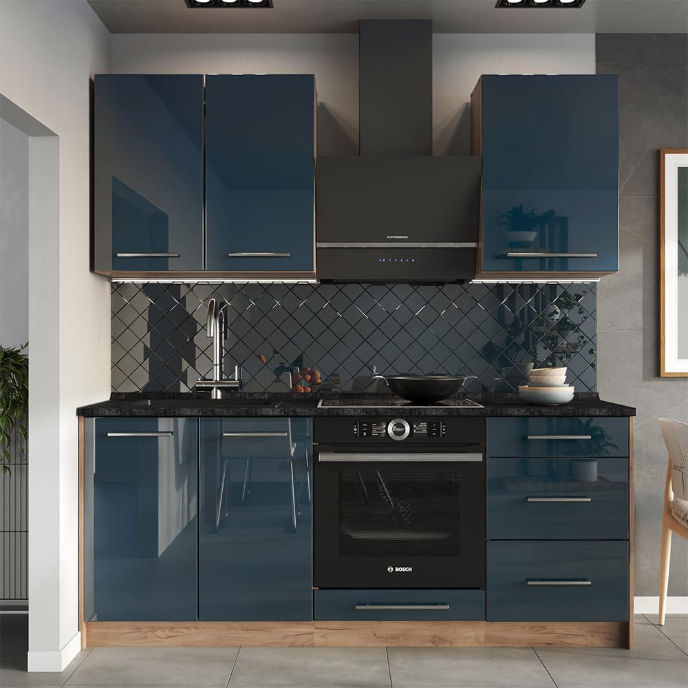 Vicco Singleküche Fame-Line, Dunkelblau Hochglanz/Goldkraft Eiche, 190 cm | AP Anthrazit, zur individuellen Erweiterung mit kompatiblen Modulen